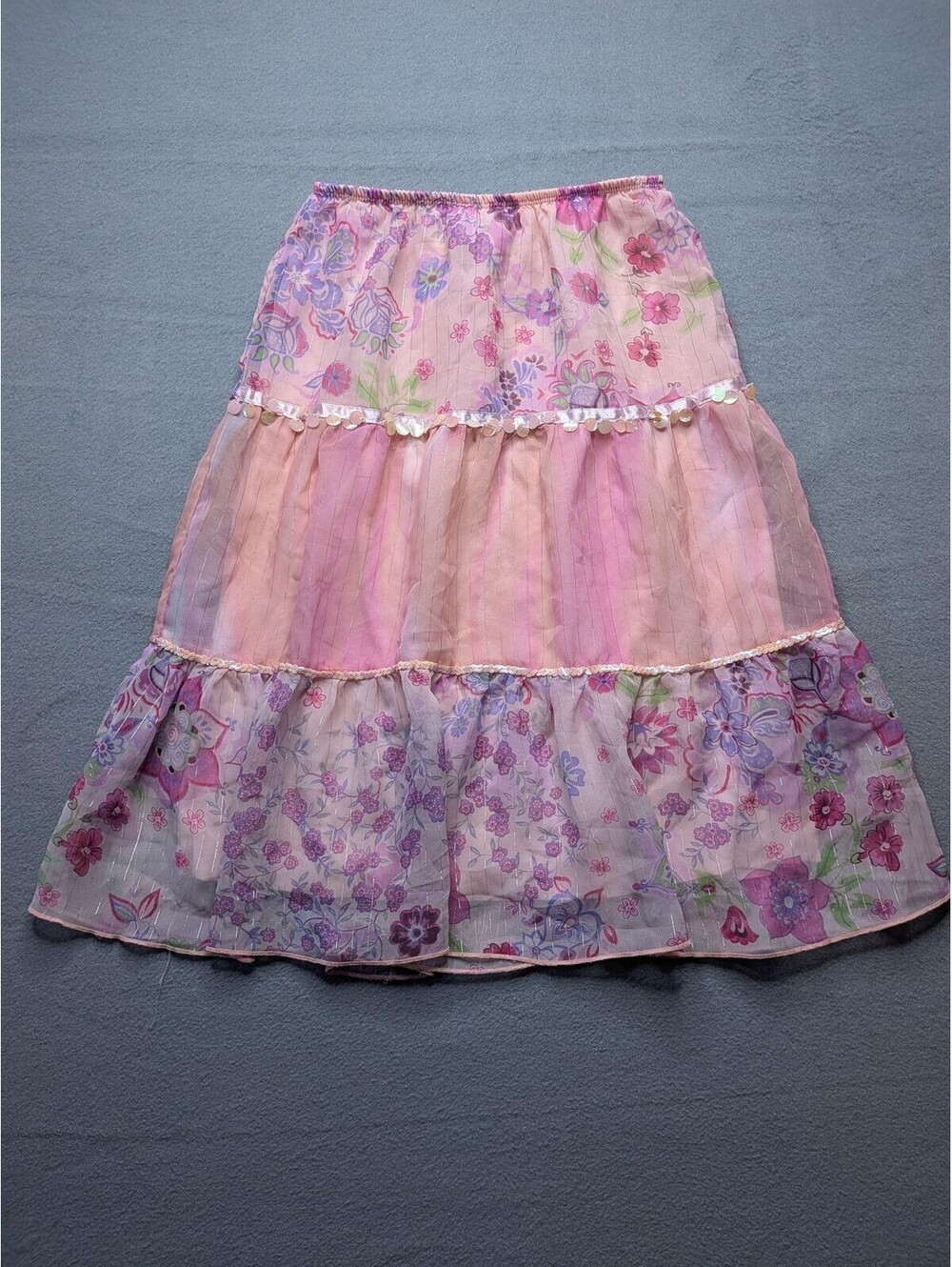 Speechless Skirt Girls M Pink Floral Chiffon Peasant Long Elastic Waist Sequin